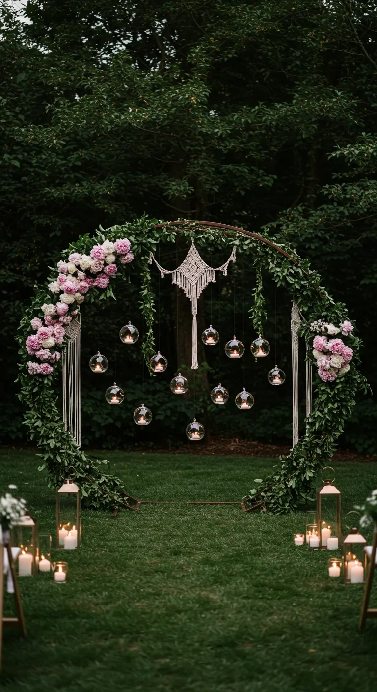 Arche de mariage ronde avec lierre, pivoines et bougies suspendues dans des globes.