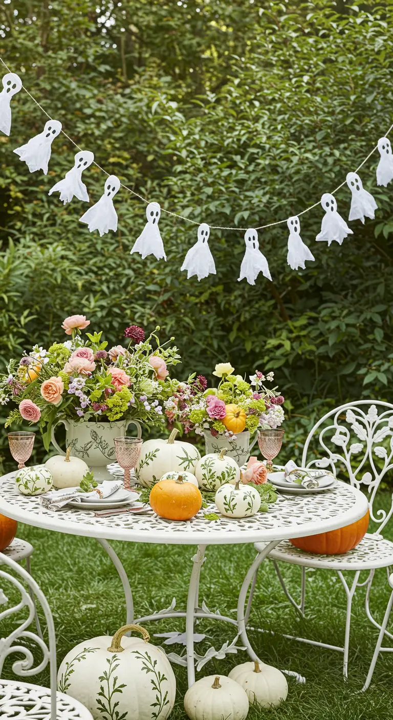 Table de jardin décorée de citrouilles blanches peintes de motifs botaniques.