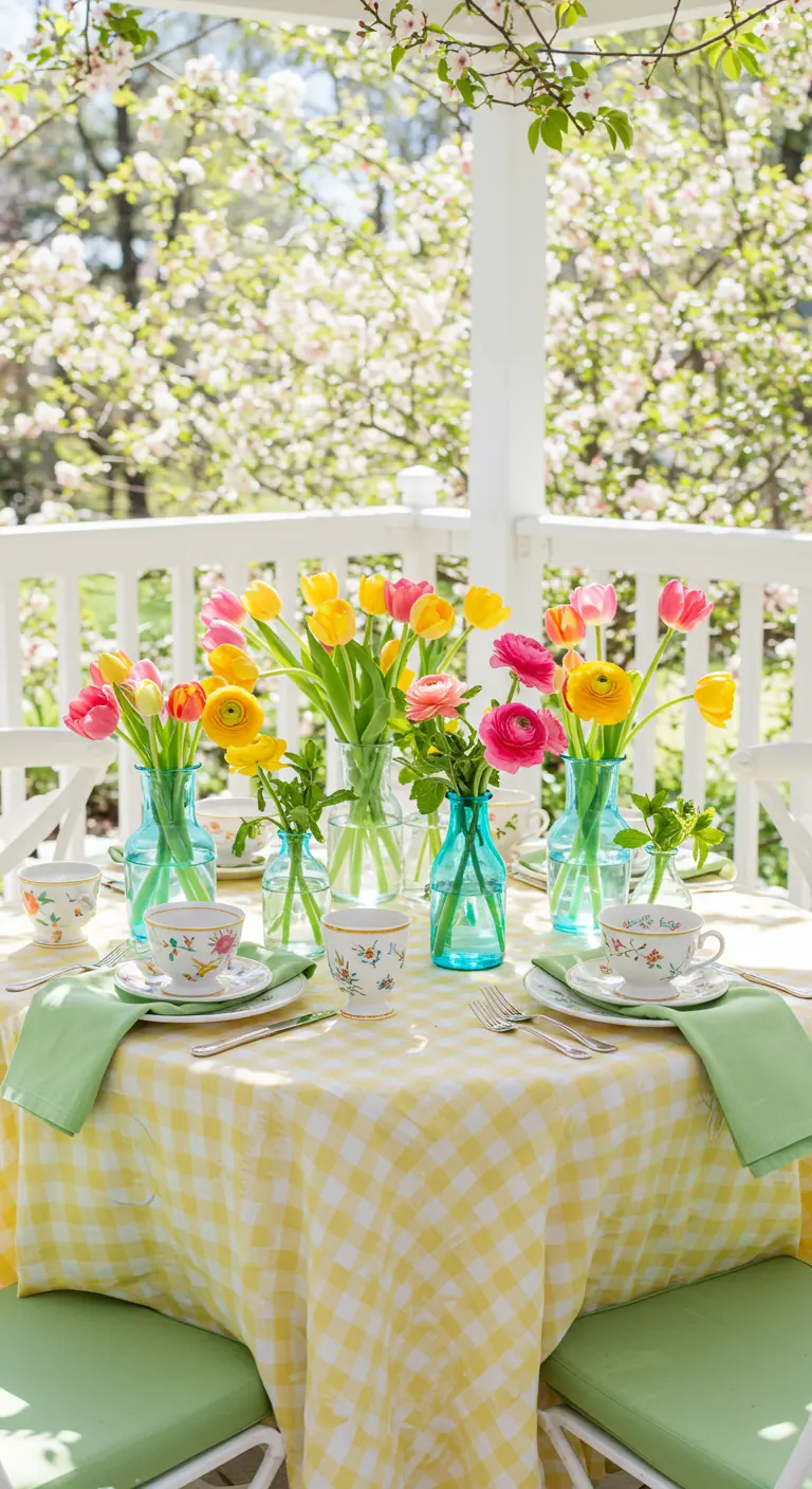 Table de brunch printanière avec divers petits vases remplis de fleurs colorées sur nappe vichy.