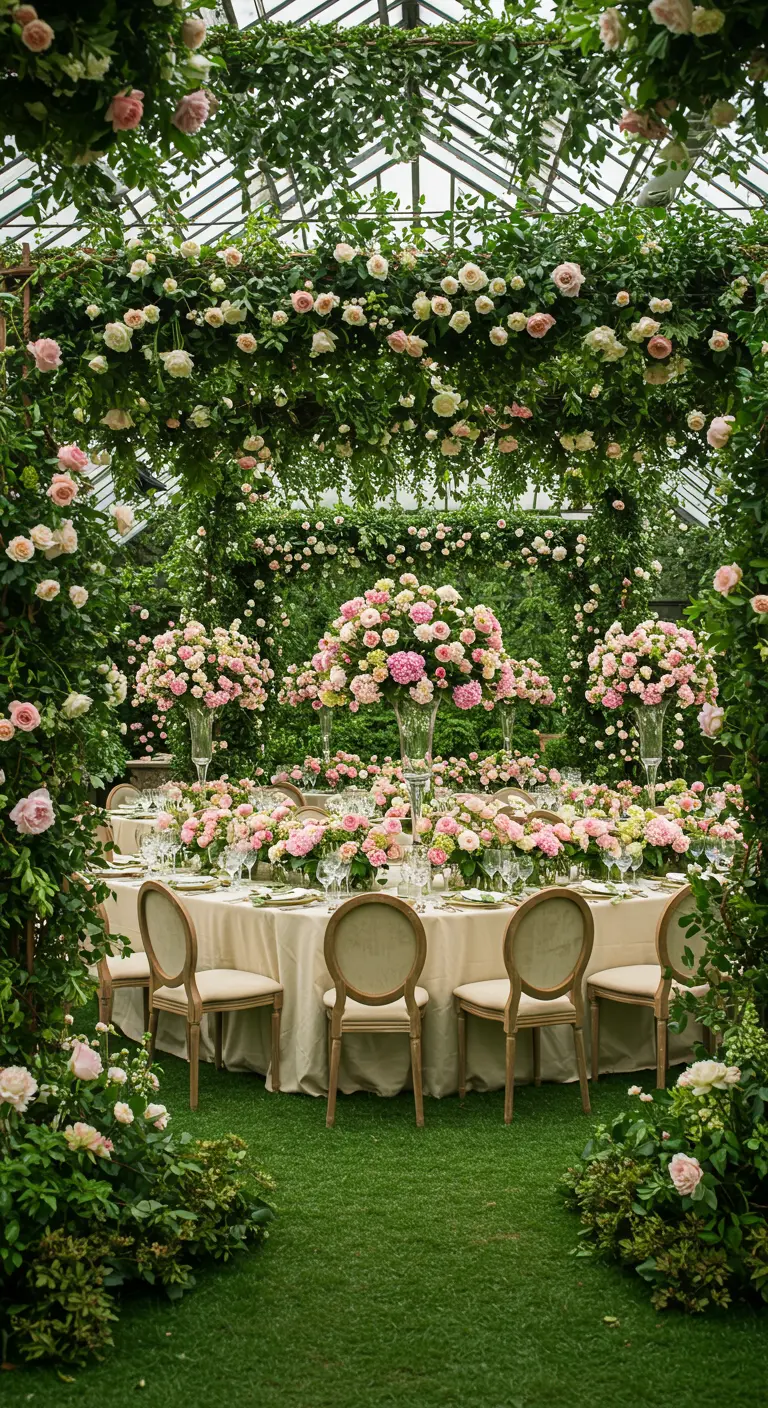 Grande verrière couverte de roses, table ronde avec nappe crème, bouquets de roses et pivoines.