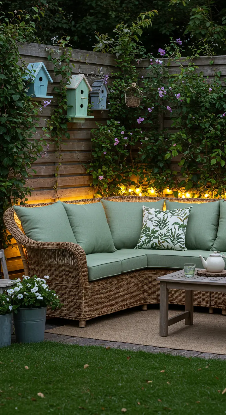 Canapé d'angle en rotin, coussins vert menthe, LED chaudes et nichoirs dans un jardin.