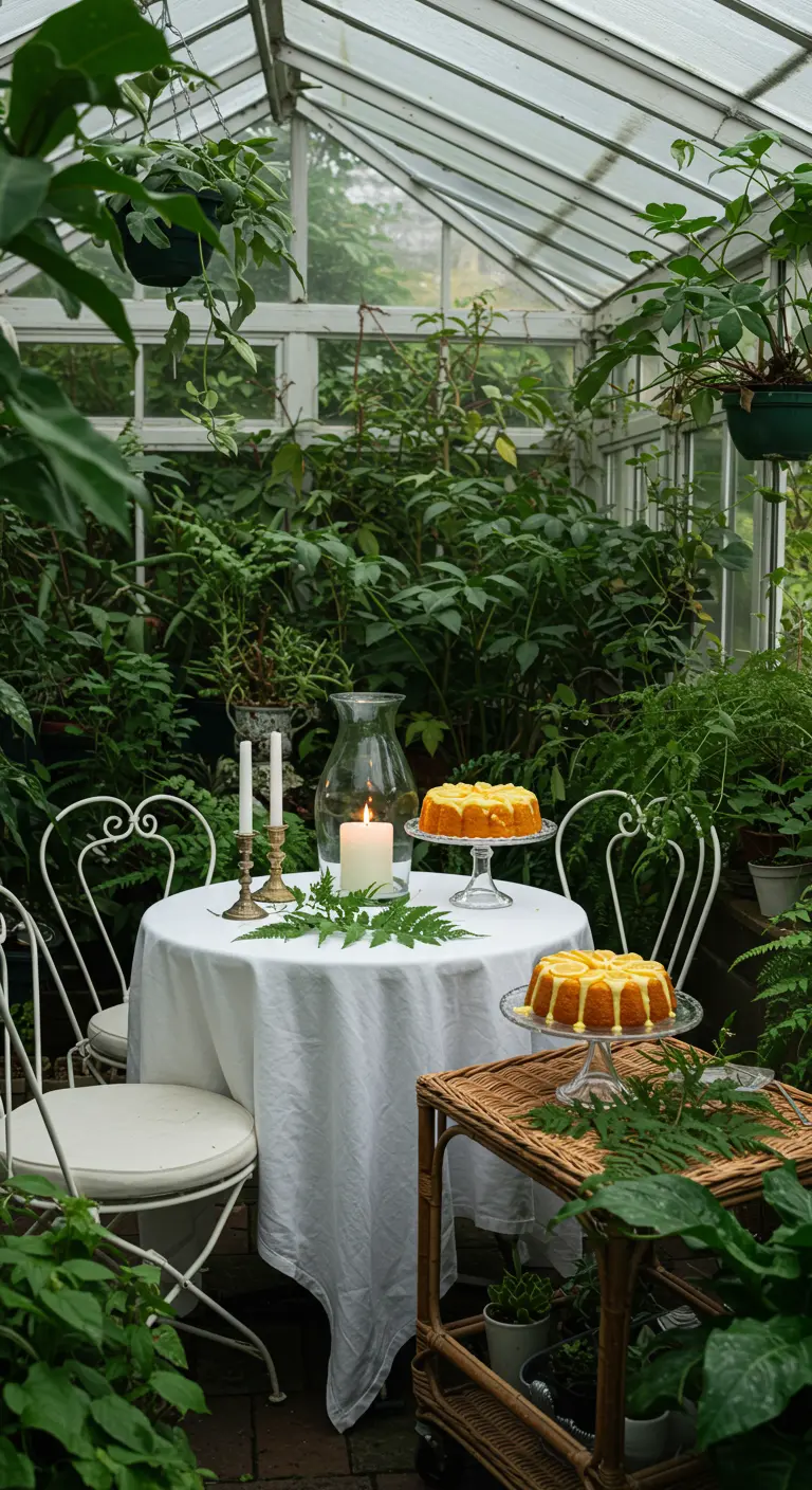 Table blanche dans une serre luxuriante, bougie, vase en verre, gâteaux.