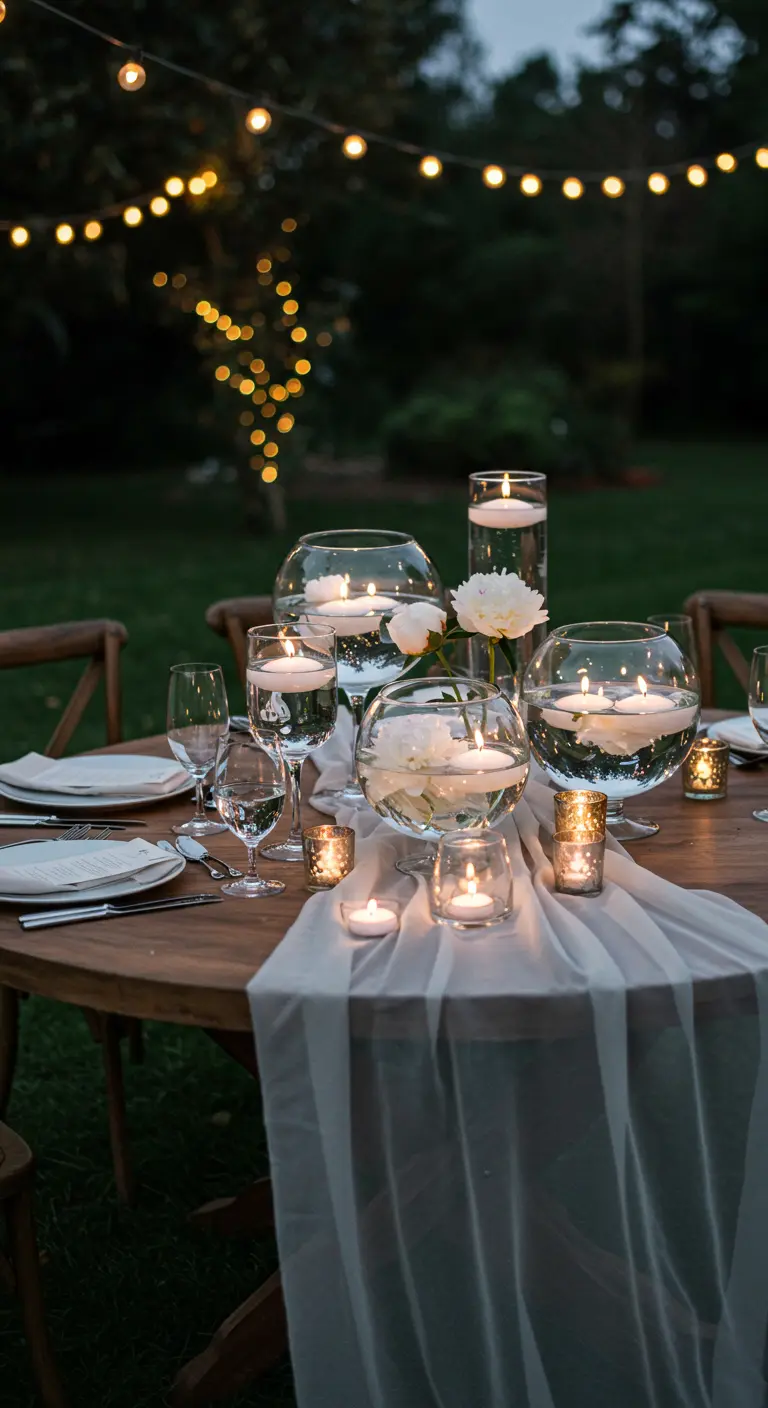 Table de jardin romantique avec bougies flottantes dans des vases et guirlandes lumineuses.
