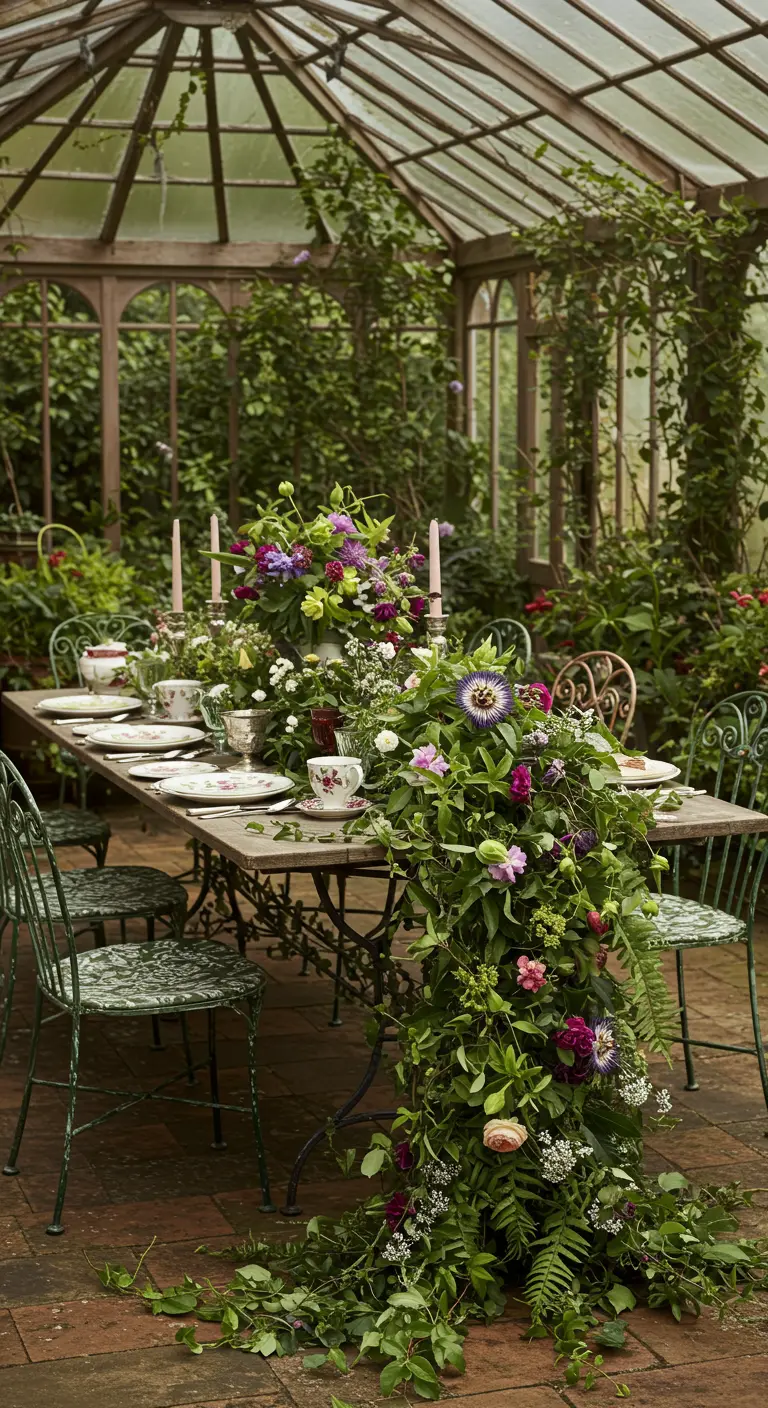 Table dans une serre avec un chemin de lierre et fleurs sauvages.
