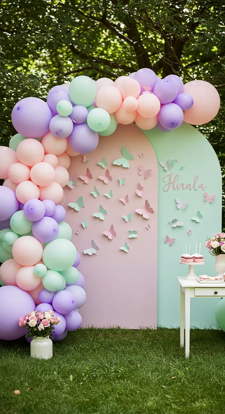 Arche de ballons pastel avec des papillons en papier 3D sur un panneau bicolore.