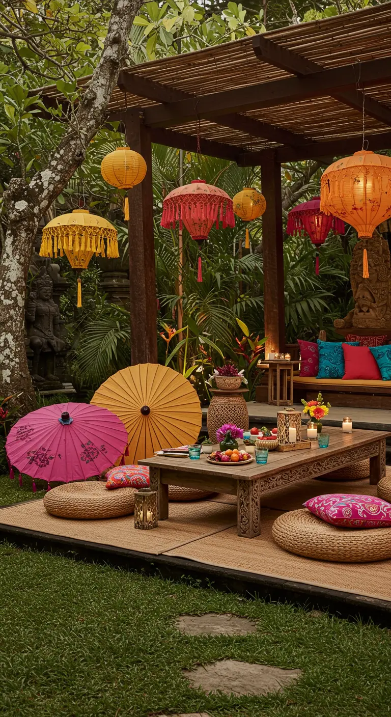 Coin lounge exotique dans un jardin avec table basse sculptée, coussins colorés, lampions à pompons et ombrées.