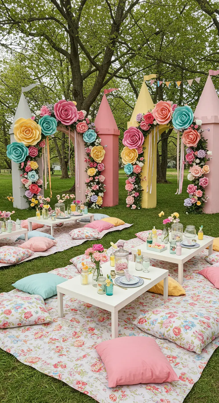 Dîner romantique dans un jardin avec une arche fleurie, table avec nappe florale sombre et chandeliers.