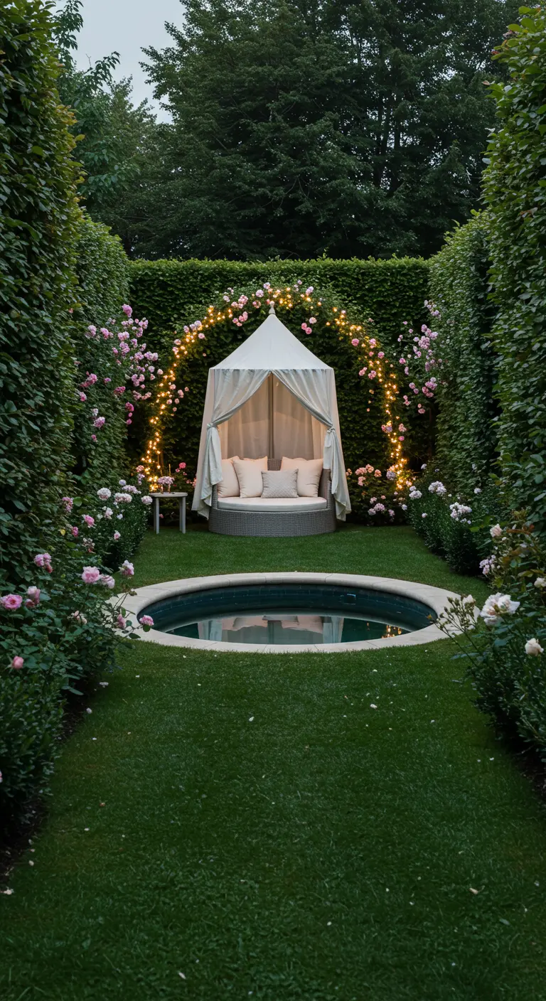 Jardin secret avec haies, petit bassin et lit de repos rond à baldaquin, éclairé par des guirlandes lumineuses.