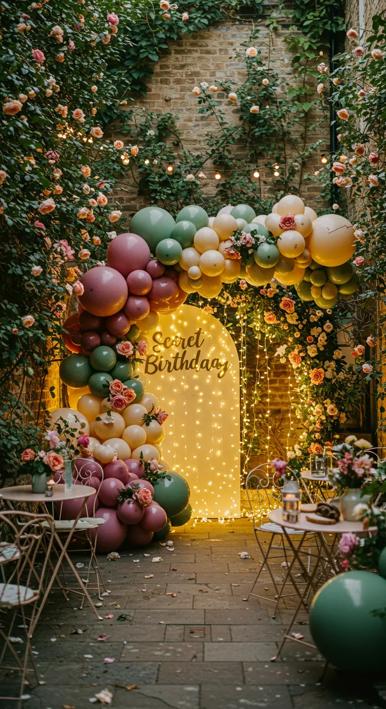 Arche de ballons pastel dans une cour avec des roses et un panneau lumineux.