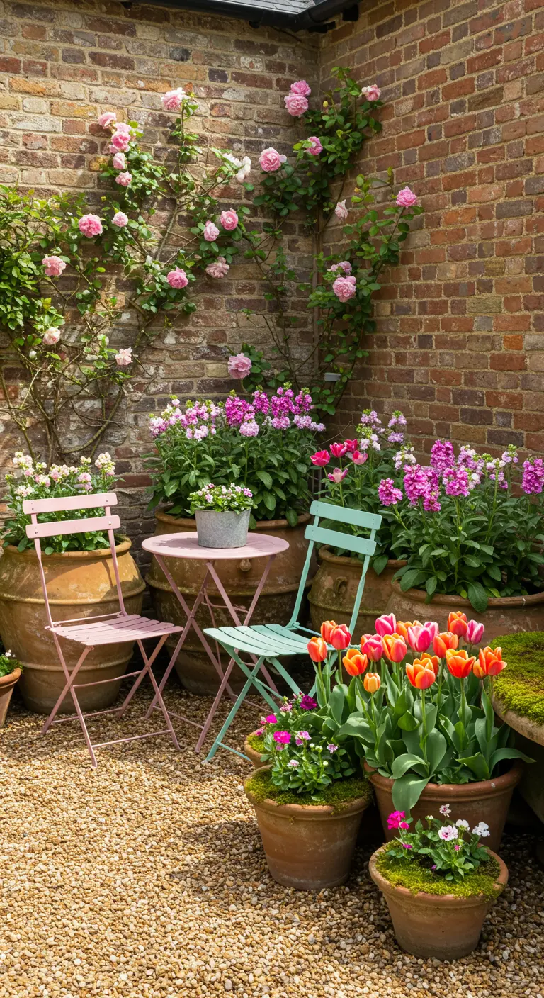 Cour intime avec des chaises bistrot pastel, des rosiers grimpants et de nombreux pots de fleurs.