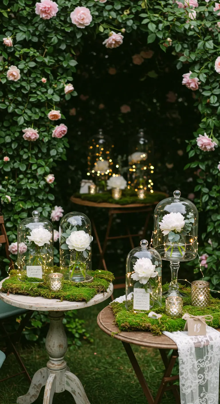 Tables de jardin avec pivoines blanches sous cloches en verre, lumières féeriques et mousse.