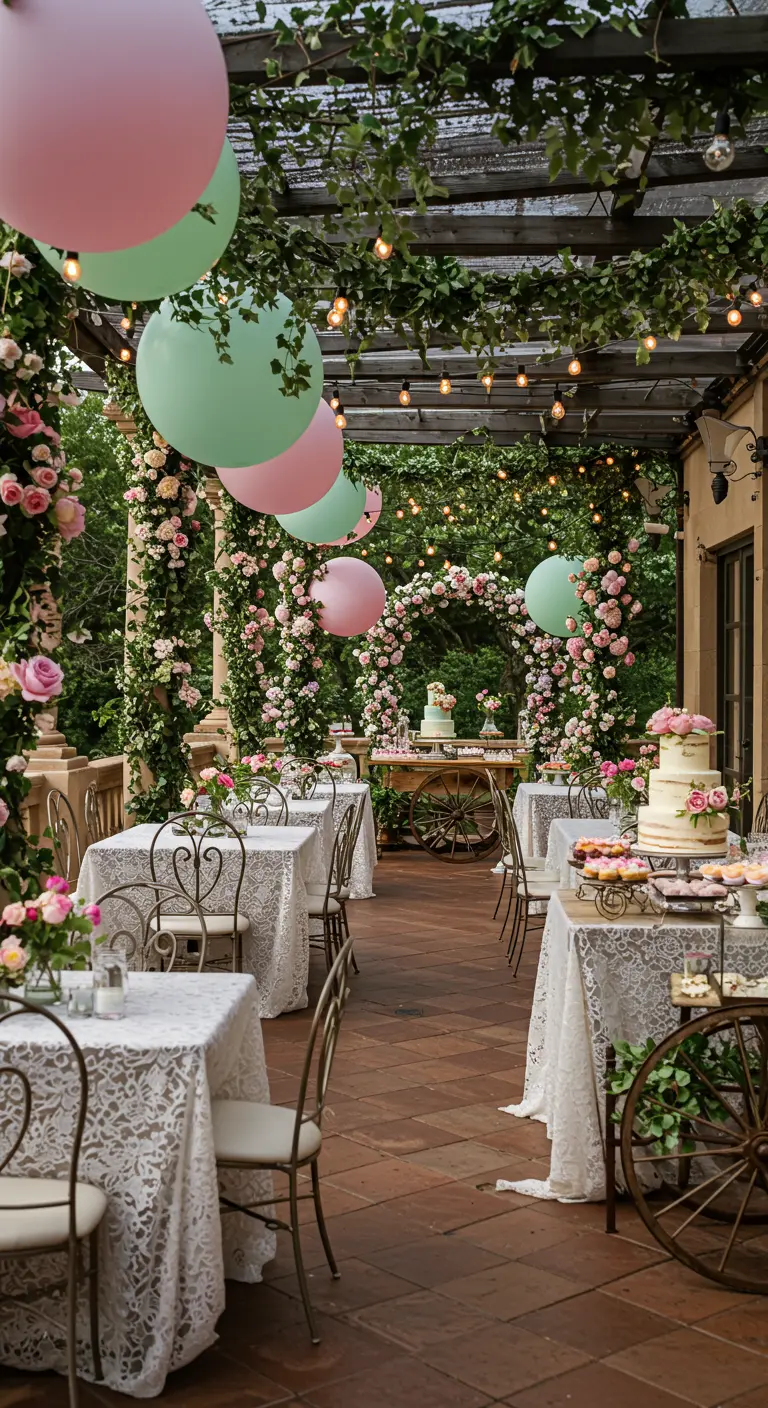 Terrasse fleurie avec arches de roses, ballons pastel et guirlandes lumineuses.