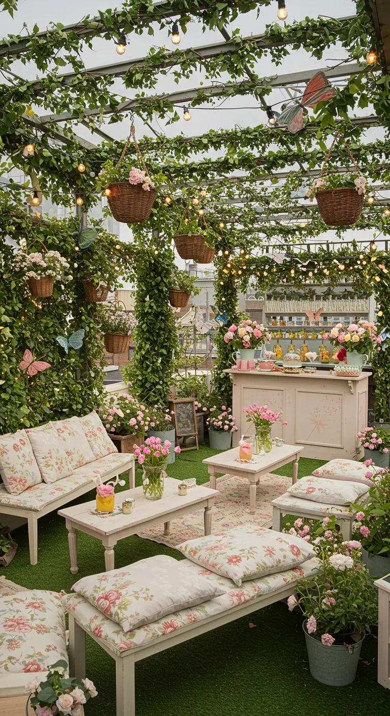 Rooftop jardin romantique avec murs végétaux, mobilier floral, paniers suspendus et bar pastel.