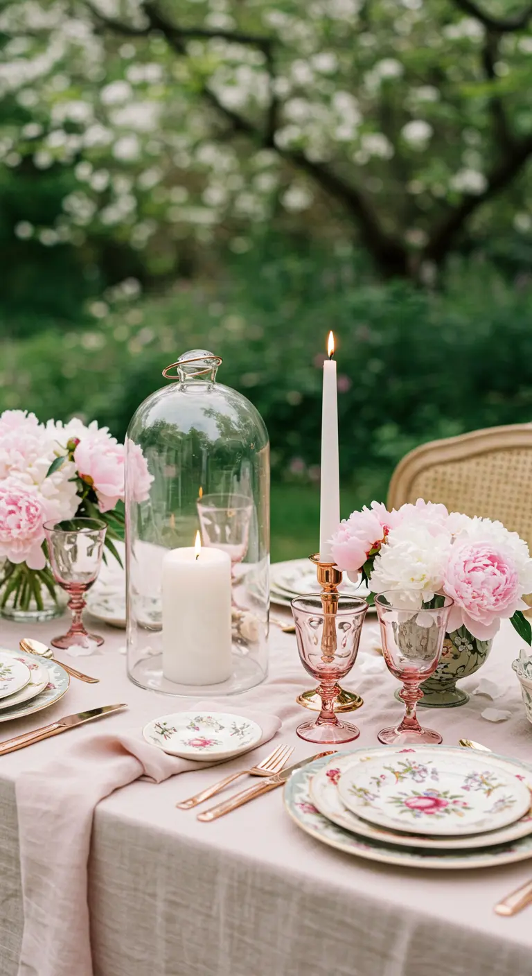 Cloche en verre protégeant une bougie, entourée de pivoines roses sur une table romantique.