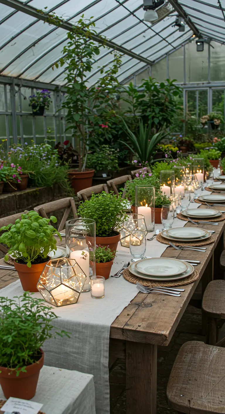 Longue table en bois dans une serre, décorée de nombreuses plantes vertes en pot, bougies et chemins de table en lin.