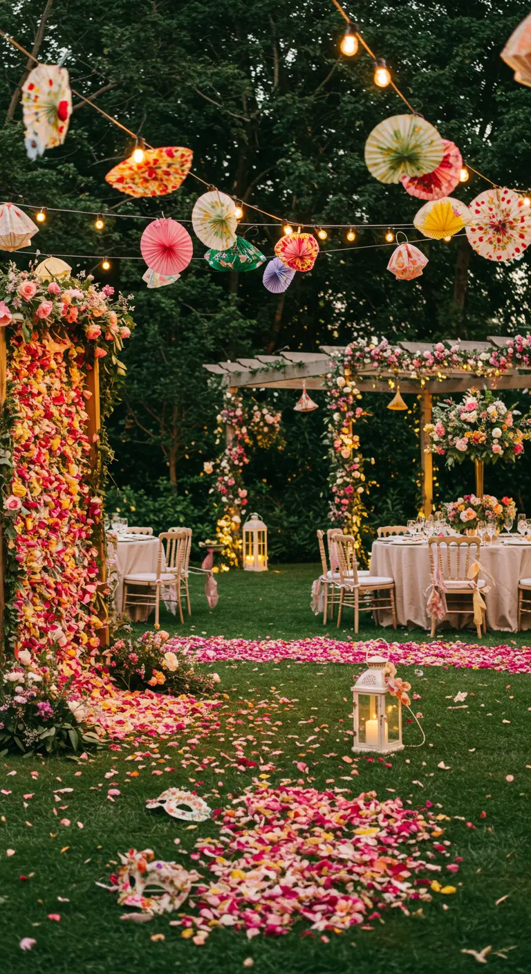 Jardin romantique avec allée de pétales de roses, arches florales et lanternes.