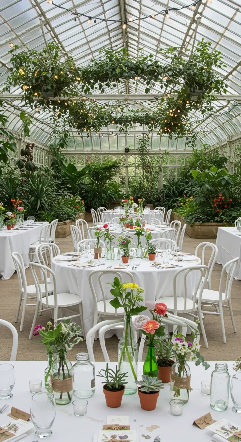Tables de mariage dans une serre lumineuse, décorées de petits pots de plantes et de fleurs fraîches.