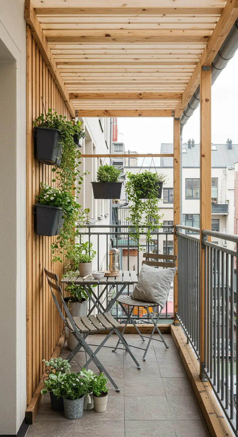 Balcon étroit avec une petite pergola en bois, des jardinières suspendues et une table pliante.