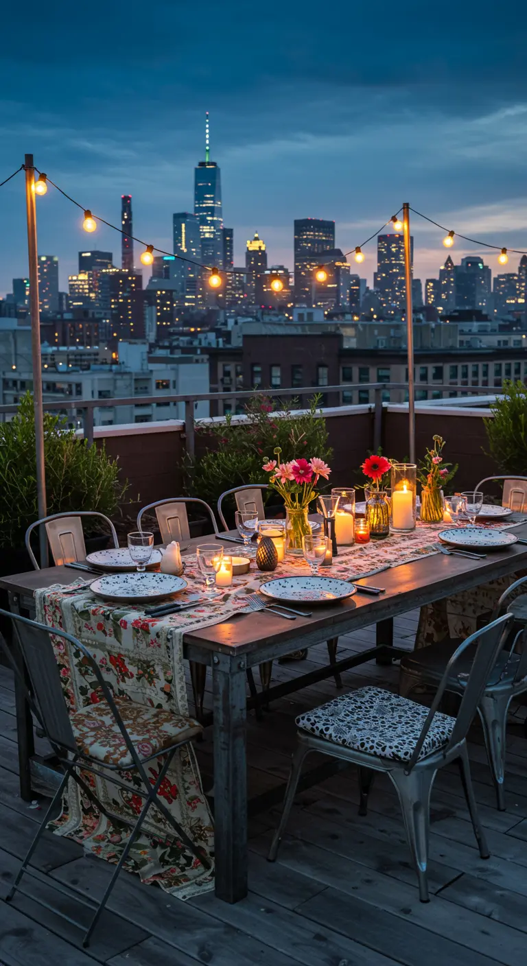 Dîner sur un toit avec chemin de table fleuri et vue sur la ville.
