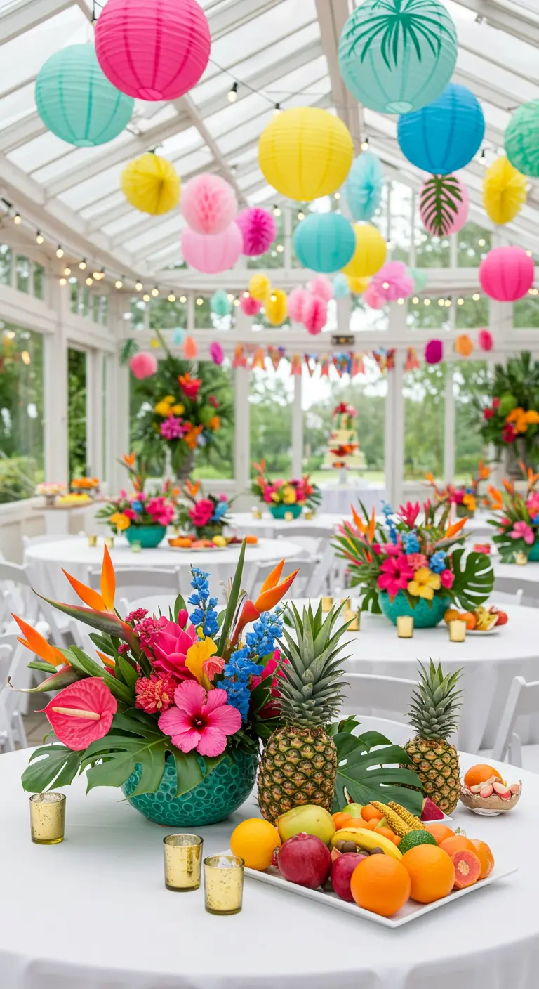 Salle de réception tropicale avec bouquets de fleurs exotiques, fruits frais et lampions colorés.