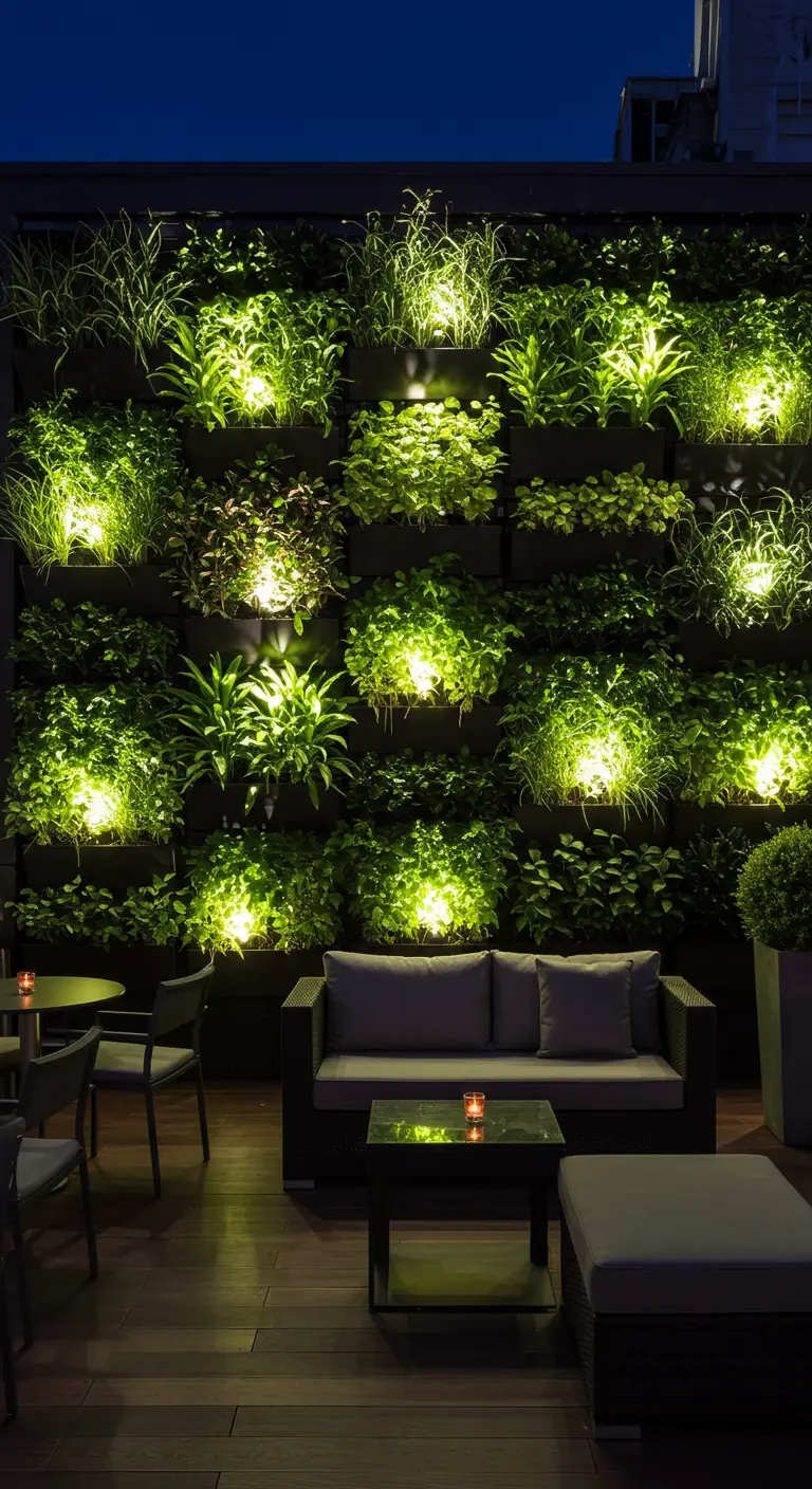 Mur végétal modulaire et moderne, illuminé par des spots individuels la nuit.