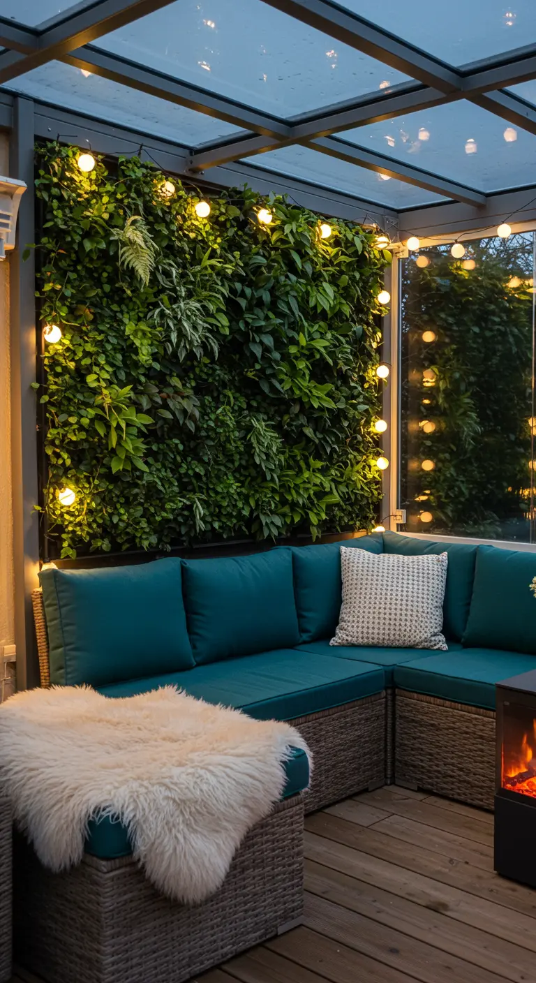 Patio fermé avec mur végétal, guirlandes lumineuses et canapé d'angle moelleux.