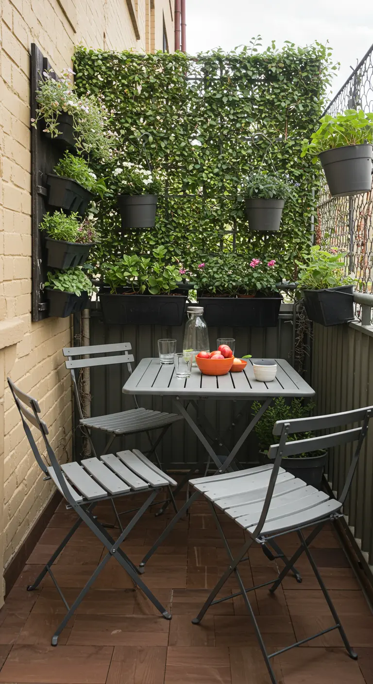 Petit balcon avec une table pliante grise et un mur de plantes.