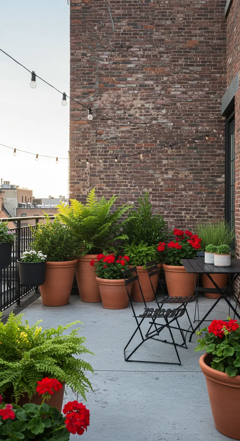 Bistro set noir sur une terrasse urbaine avec de grands pots en terre cuite de géraniums rouges et fougères.