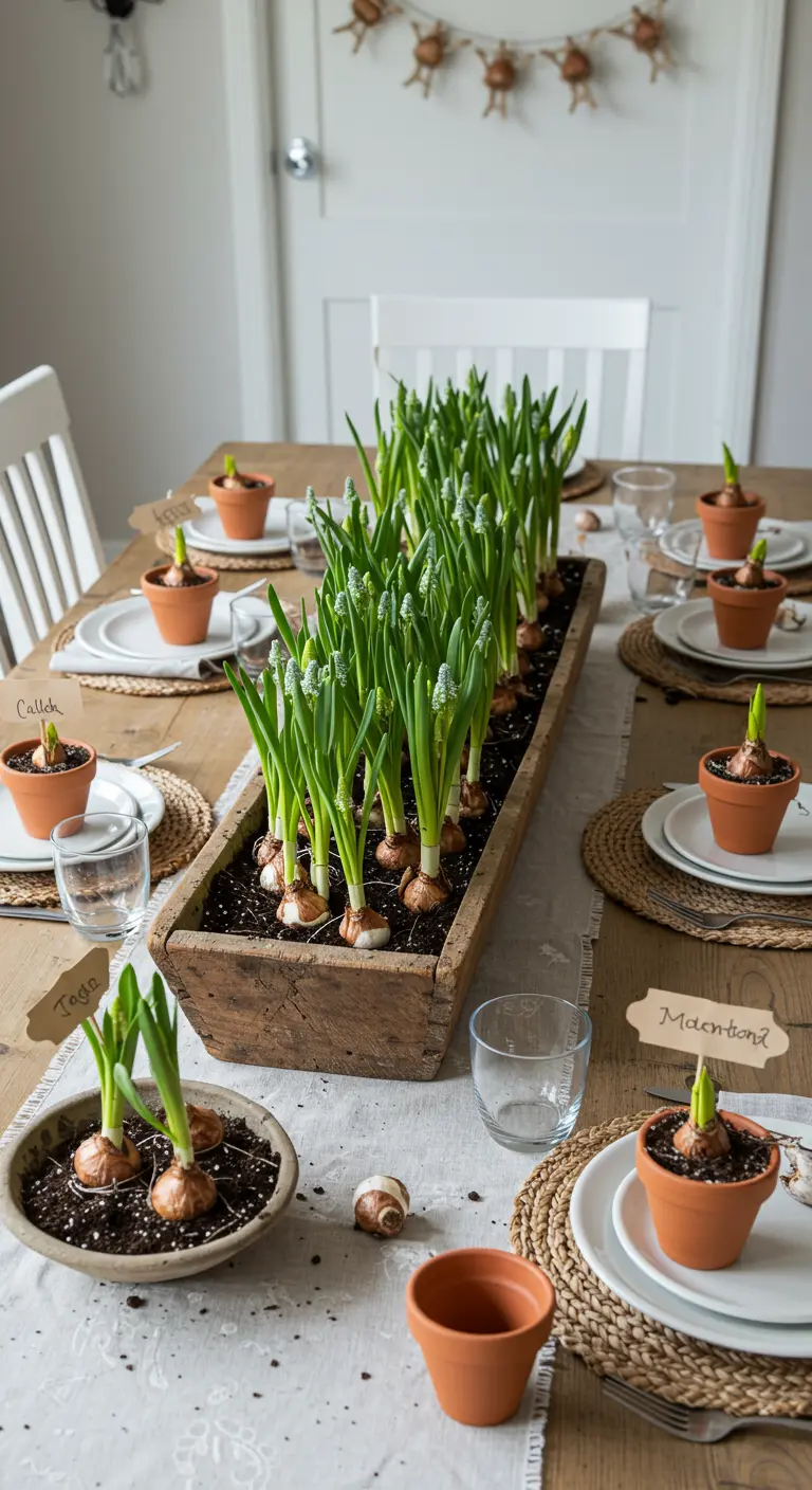 Centre de table vivant avec des bulbes de fleurs plantés dans une jardinière en bois.