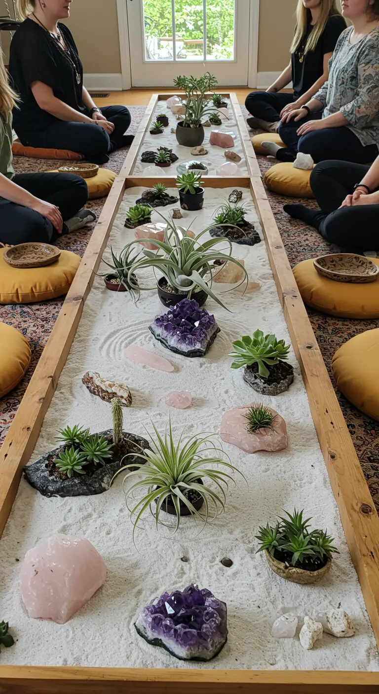 Long centre de table façon jardin zen avec du sable, des cristaux et des plantes succulentes.