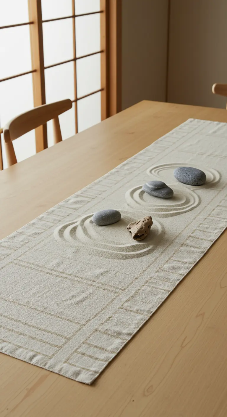 Chemin de table recouvert de sable fin avec des galets et des motifs de vagues dessinés au râteau.