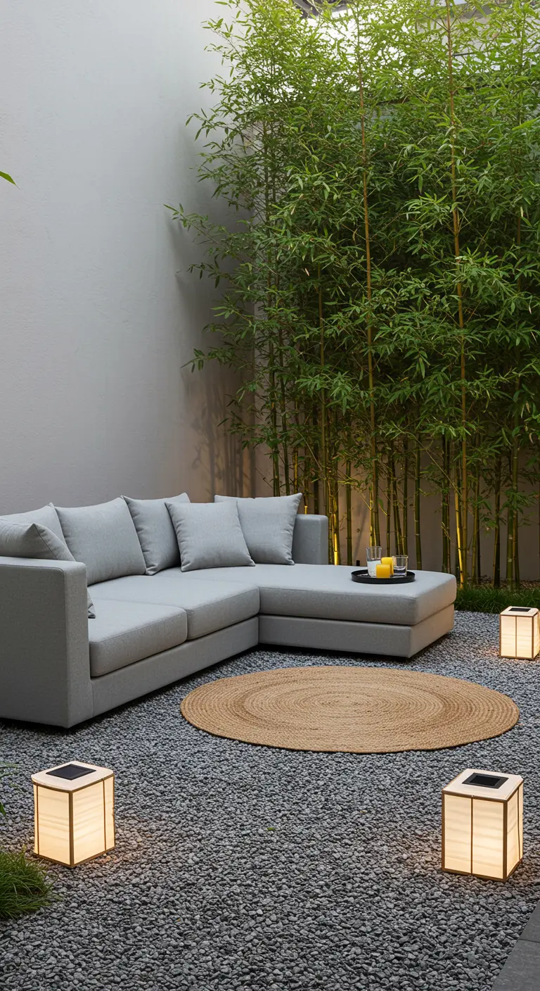 Canapé d'angle gris dans un jardin de gravier avec des bambous et des lanternes cubiques.