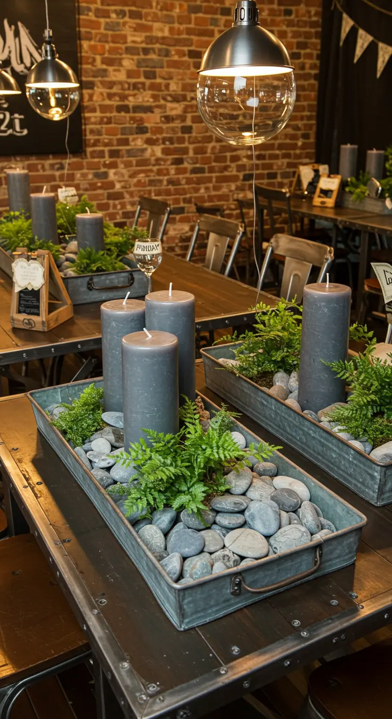 Plateaux en métal avec galets, fougères et grosses bougies grises.