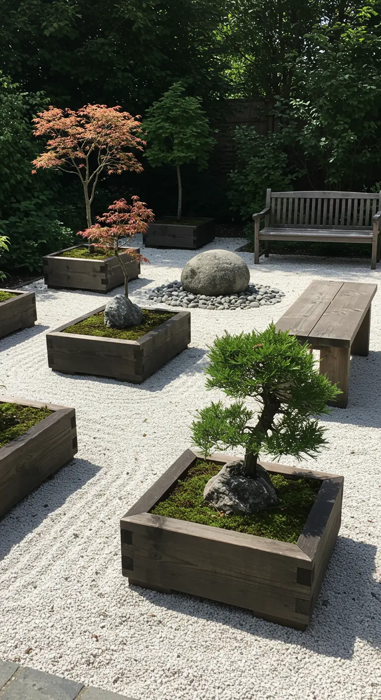 Jardin zen avec jardinières carrées en bois foncé, petits arbres, gravier blanc, grand rocher, banc.