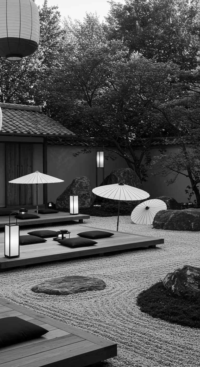 Jardin zen extérieur en noir et blanc avec tables basses, coussins noirs, ombrées blanches et lanternes modernes.