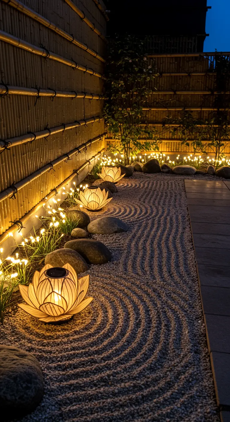 Jardin zen avec des graviers ratissés et des lampes solaires en forme de lotus.