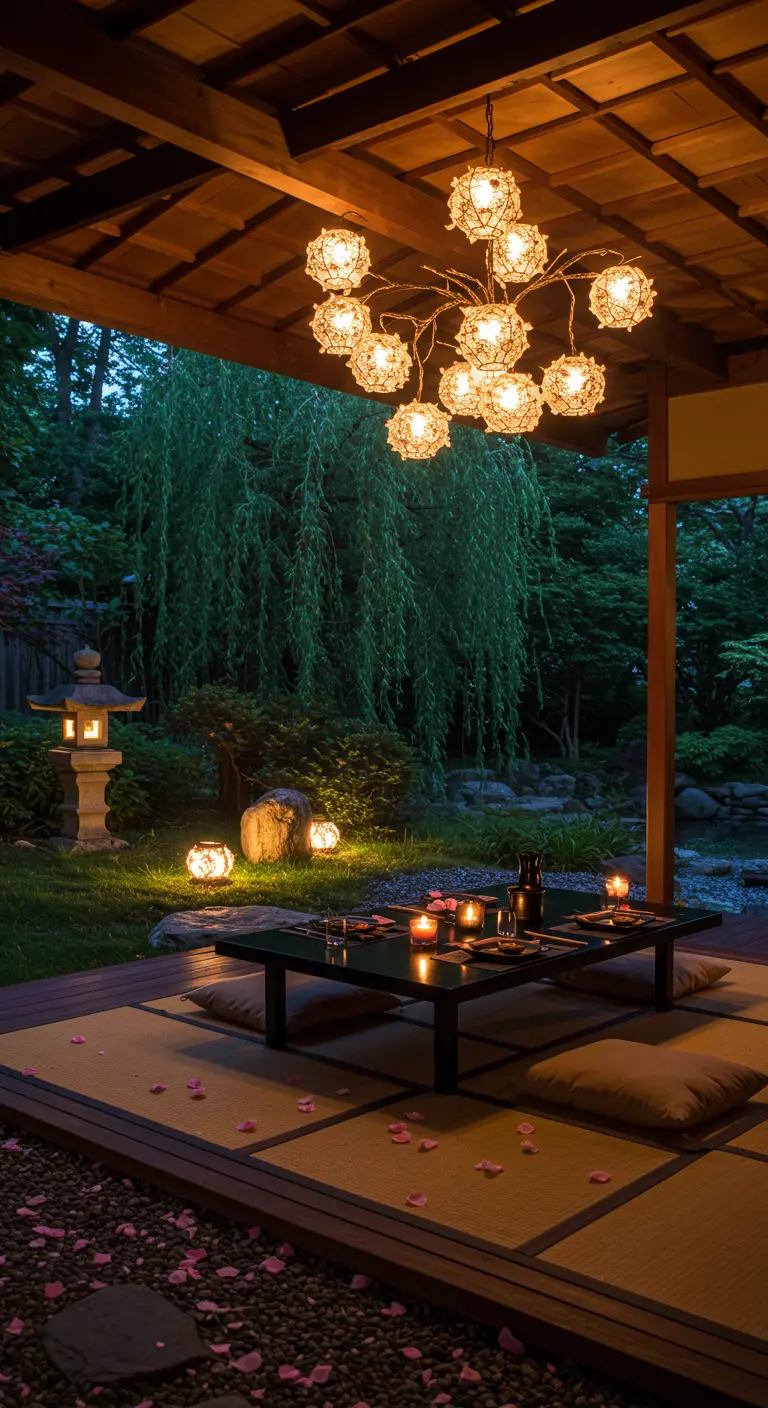Dîner d'inspiration japonaise dans un jardin avec des lanternes en papier.