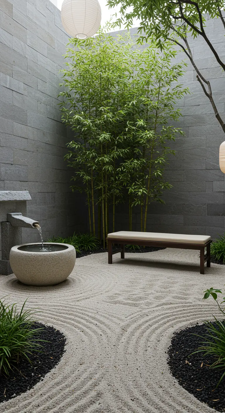 Jardin zen avec sable ratissé, bambou, banc de pierre et fontaine d'eau minimaliste.