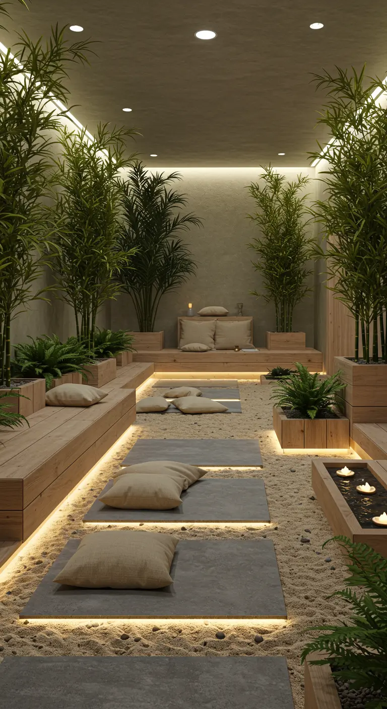 Jardin zen moderne avec bambous, plantes, banquettes en bois clair, chemin de sable, coussins et éclairage LED au sol.