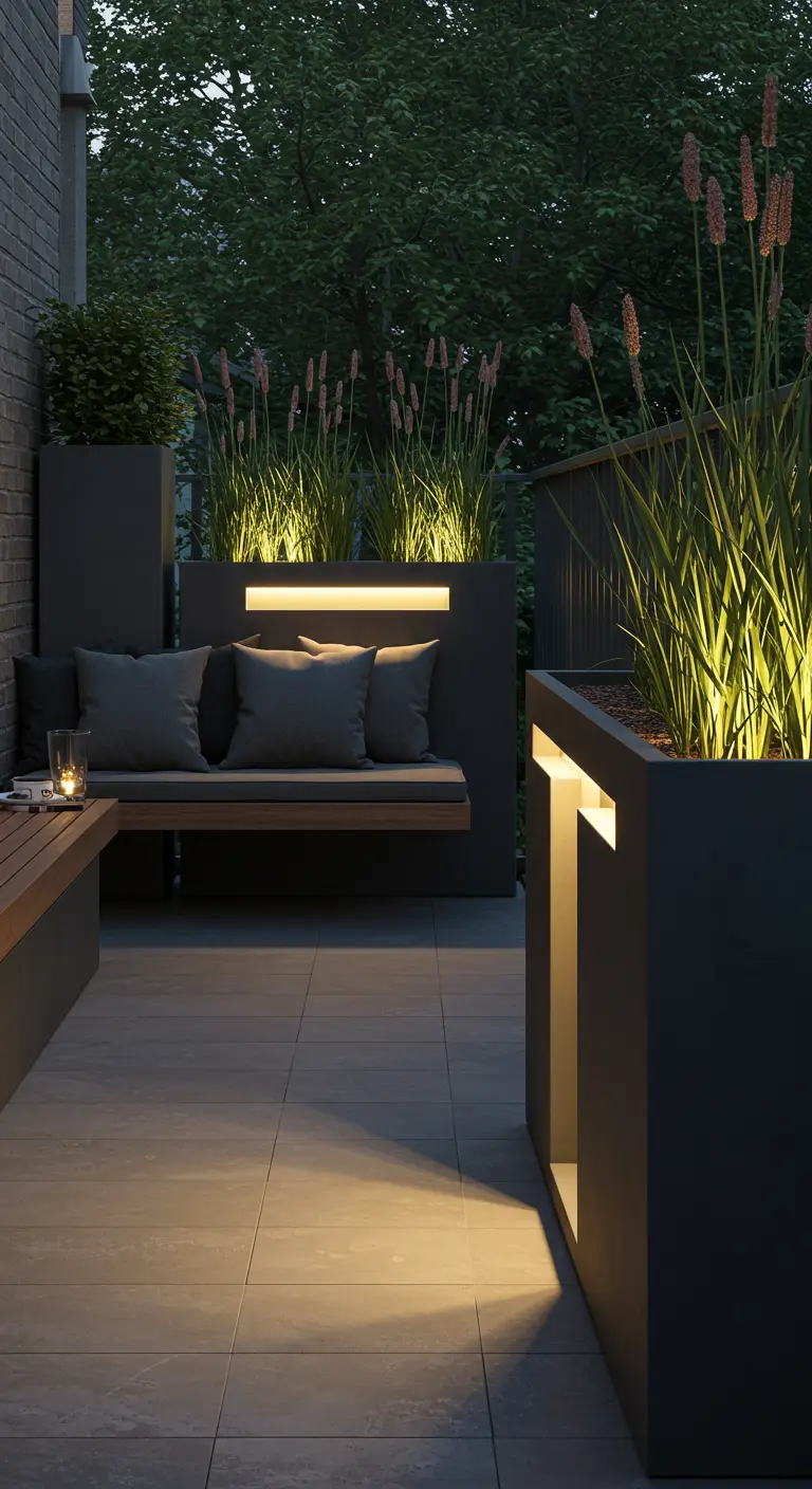 Terrasse moderne avec jardinières noires éclairées par des LED intégrées et un banc en bois.