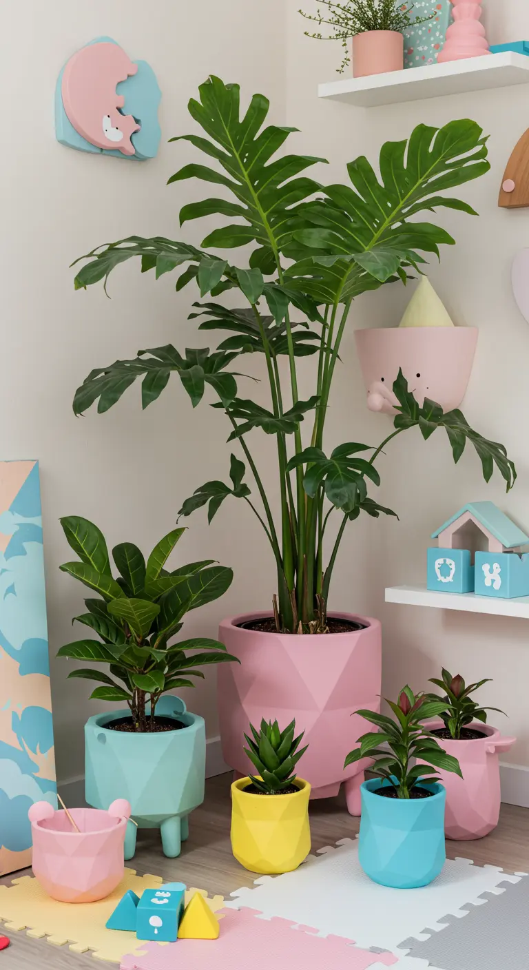 Chambre d'enfant avec plantes dans des pots géométriques colorés.