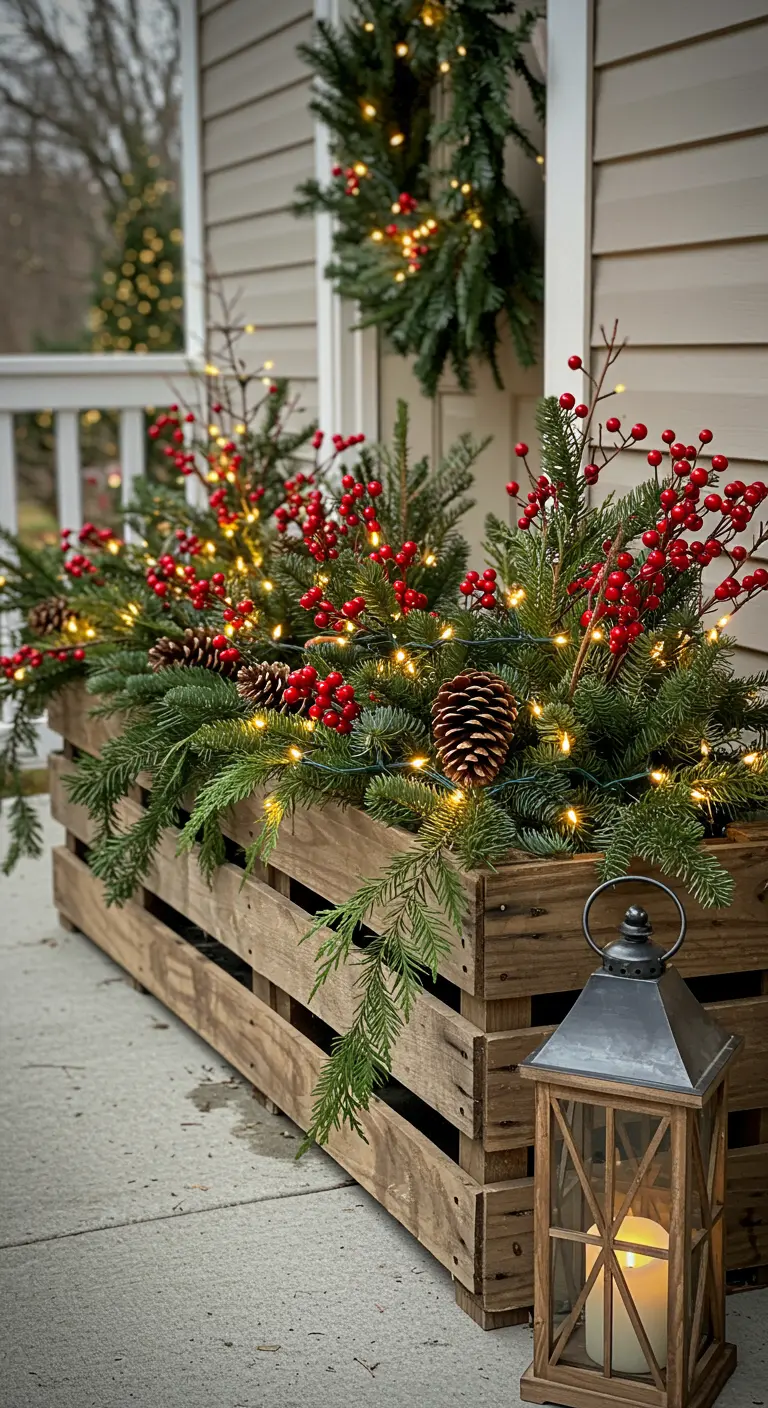 Jardinière de Noël en palettes avec branches de sapin, baies rouges, pommes de pin et lumières.