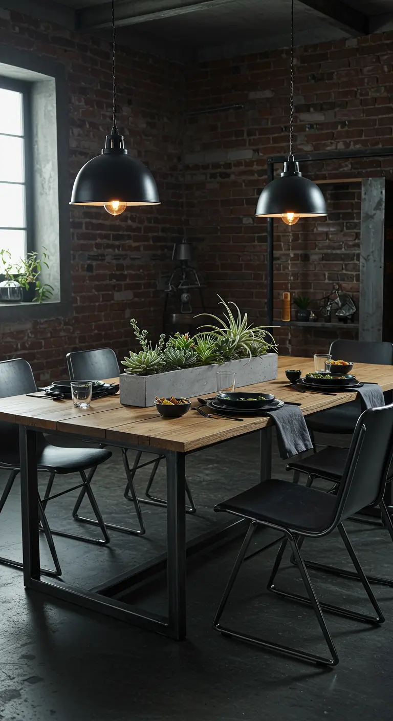 Table de salle à manger industrielle en bois et métal avec une jardinière de succulentes et un éclairage suspendu.