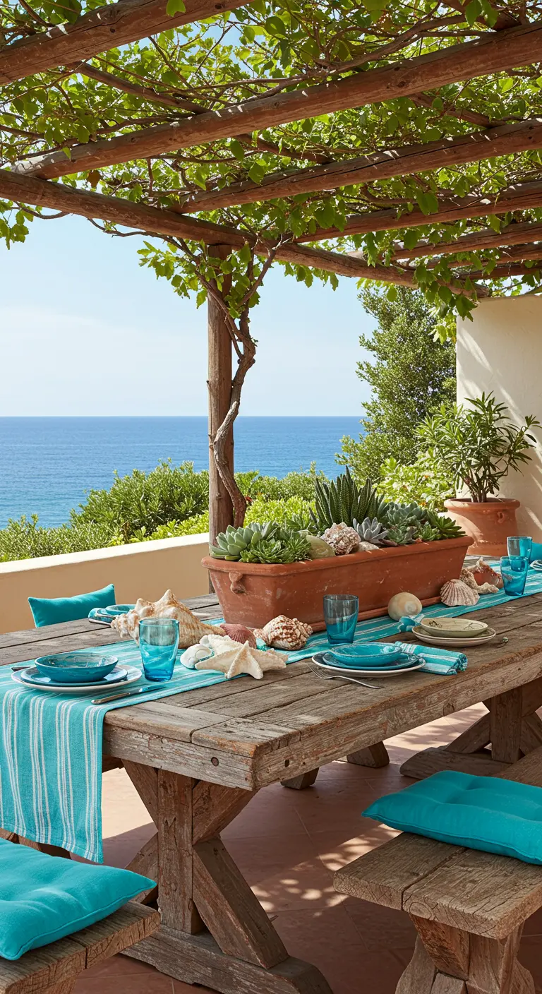 Table en bois rustique avec une jardinière de succulentes, coquillages et chemin de table turquoise.