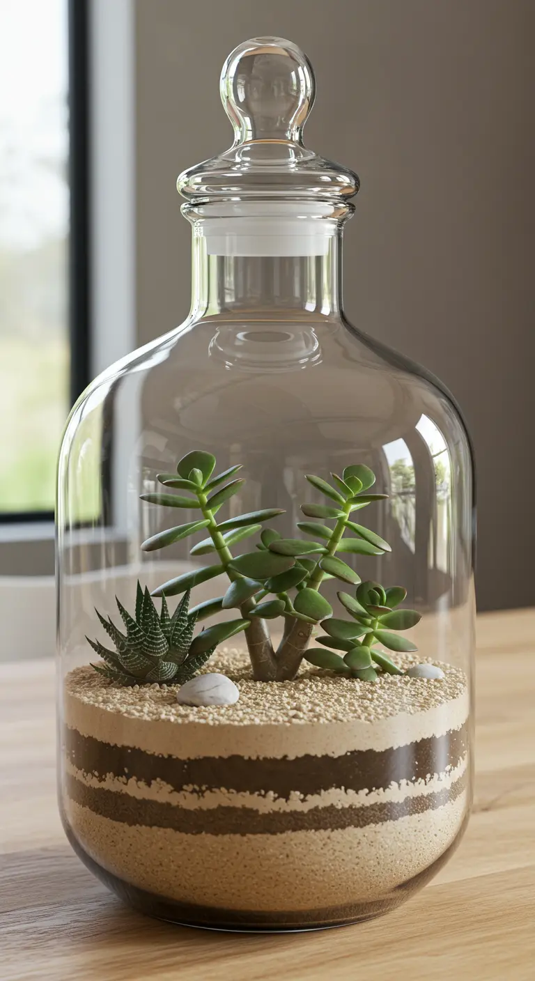 Bocal en verre avec plusieurs couches de sable, une plante de jade et une haworthia.