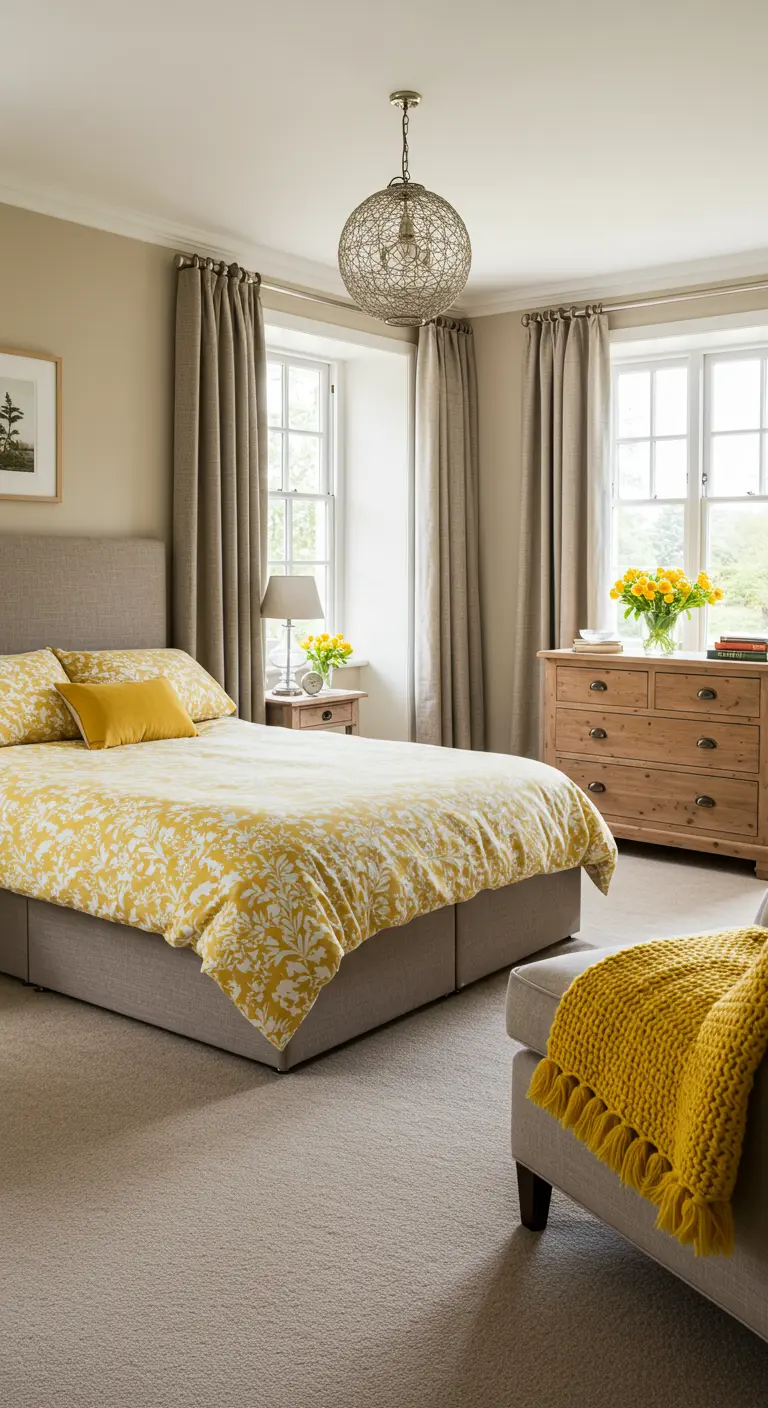 Chambre lumineuse avec du linge de lit à motifs jaunes et des rideaux de couleur neutre.