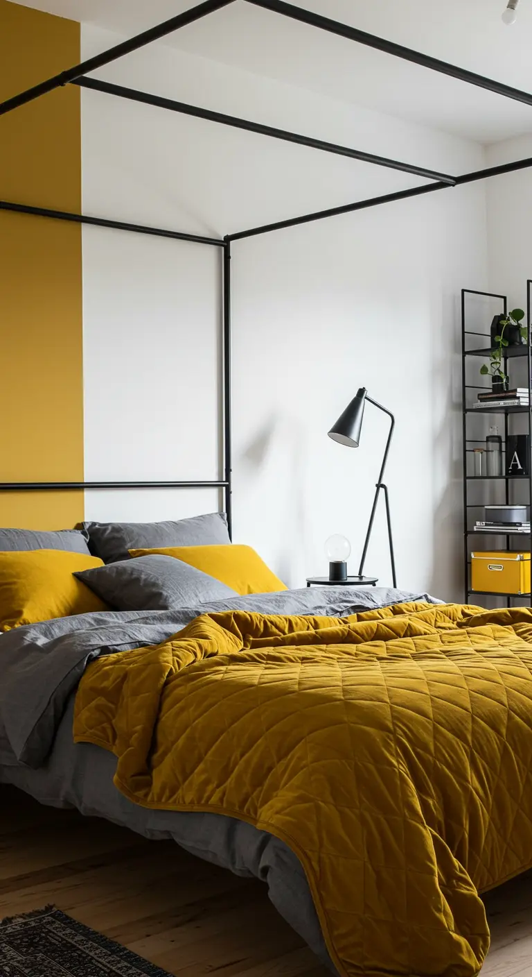 Chambre moderne avec un lit à baldaquin noir, du linge de lit gris et des touches de jaune moutarde.