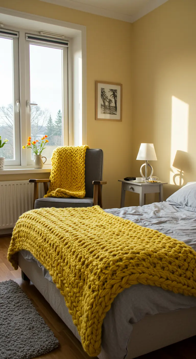 Chambre avec murs jaunes, lit gris et un grand plaid en tricot jaune moutarde.