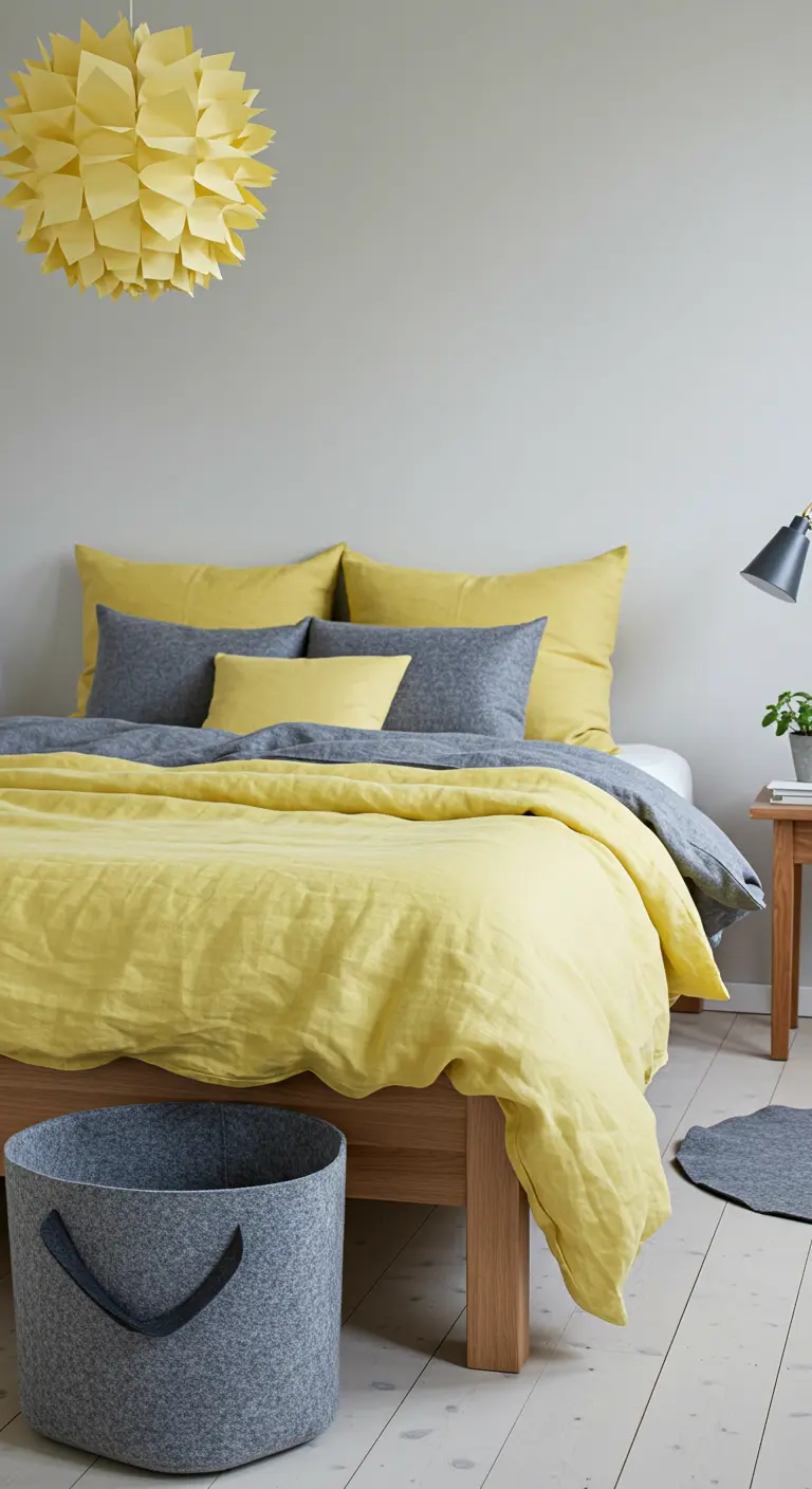 Chambre scandinave avec du linge de lit jaune et gris, et une suspension en papier jaune.
