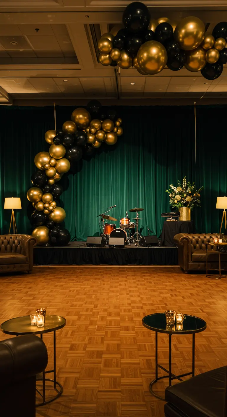 Salle de jazz club avec rideaux verts, ballons noirs/or, scène de musique et mobilier en cuir.